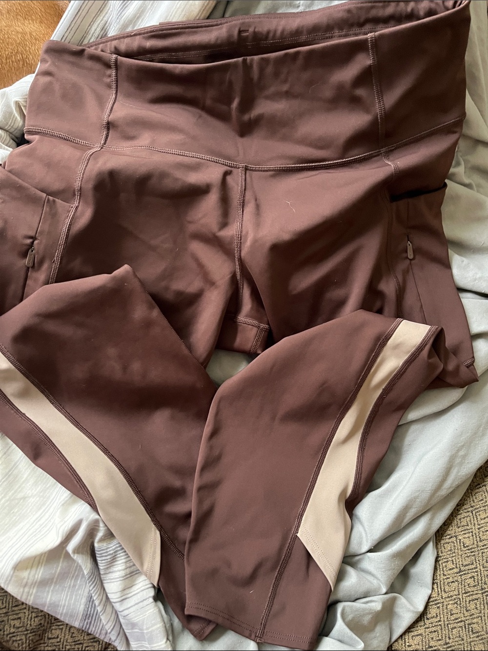 Athleta Brown Leggings with Cream Side Panels